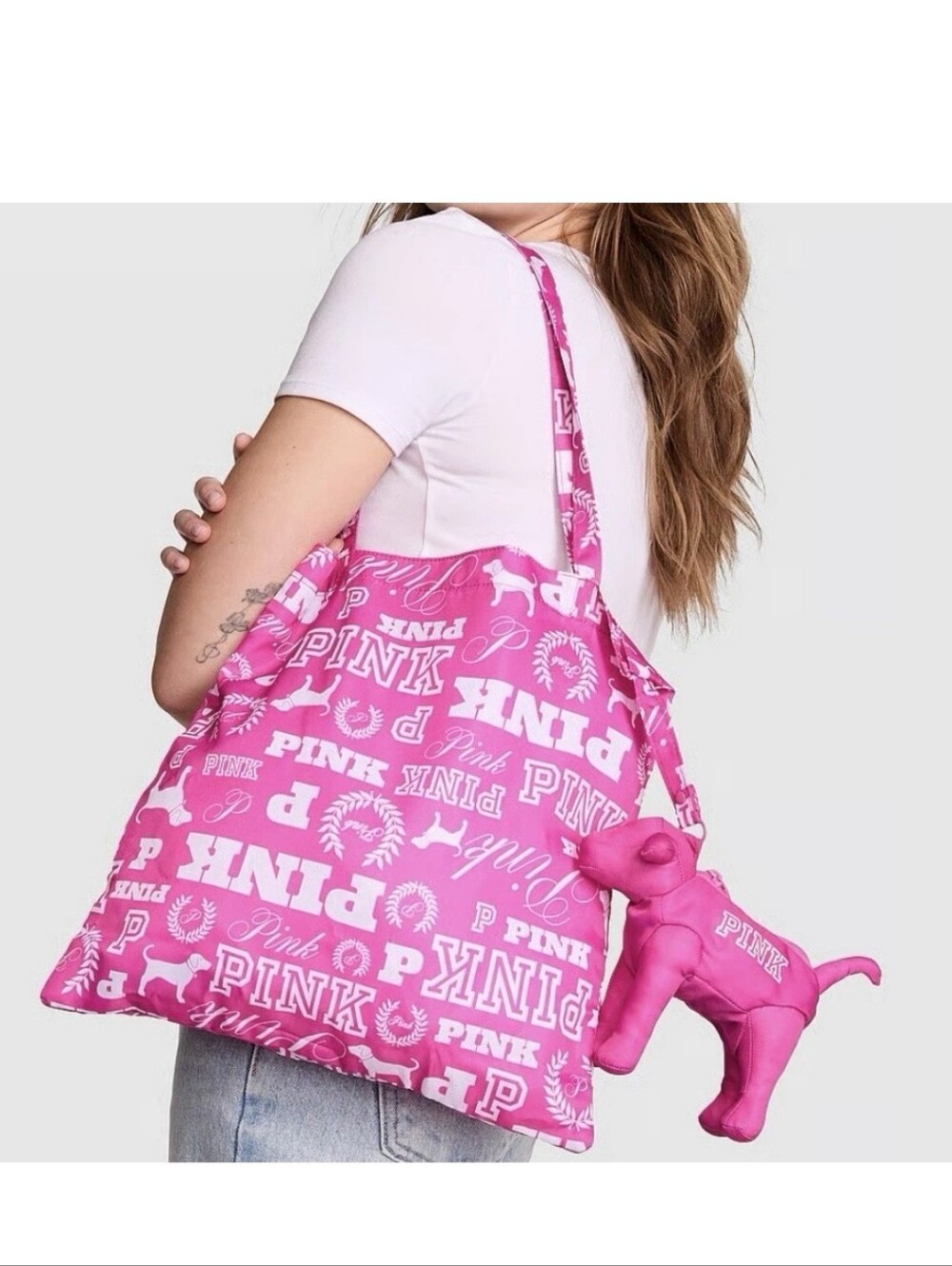PINK Victoria's Secret Logo Print Reusable Tote Bag in Hot Pink